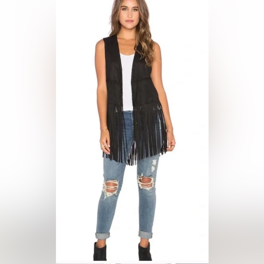 BLANKNYC Black Faux Suede Whipstitched Fringe Vest